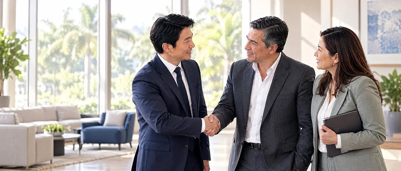 A manufacturer and a Latin American distributor shaking hands after agreeing terms, the distributor's colleague beside them
