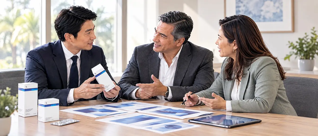A manufacturer and a Latin American distributor reviewing prescription medication packaging and launch materials together