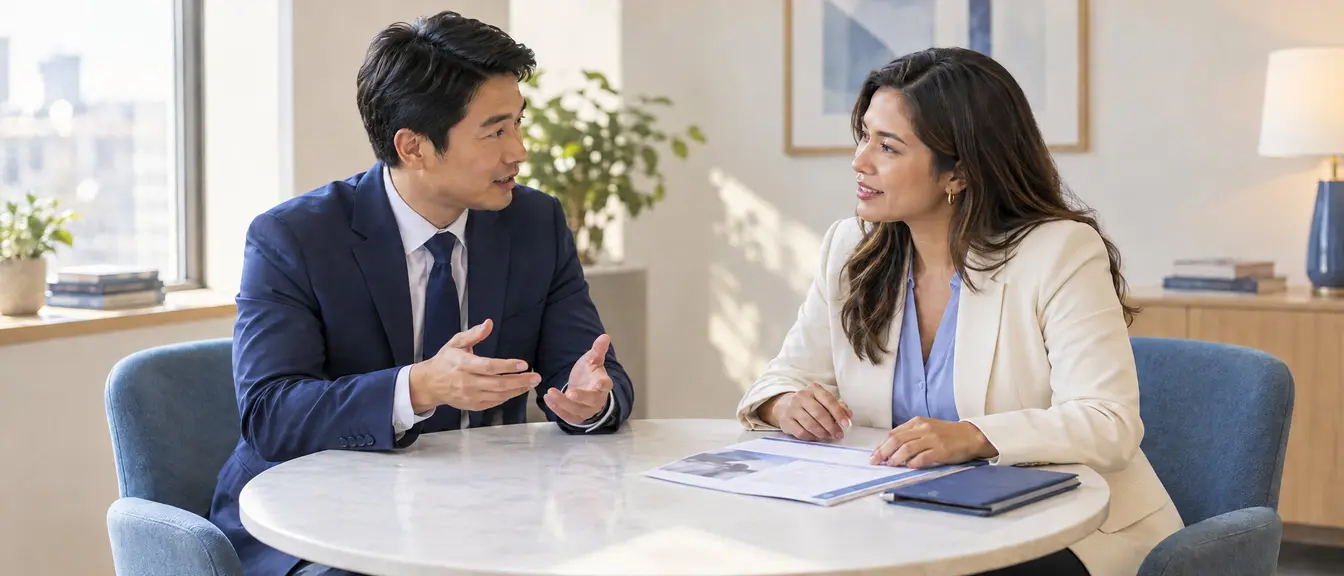 An international manufacturer and a Latin American business partner in conversation at a meeting table in morning light