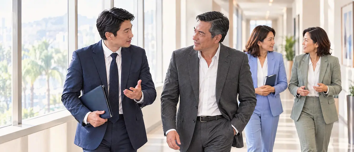 Manufacturer and distributor executives walking together after a meeting, discussing next steps